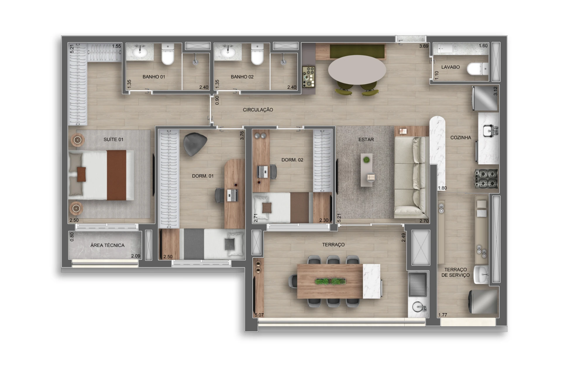 96m² | 3 Dorms (1 suíte) c/ lavabo (Perspectiva artística)