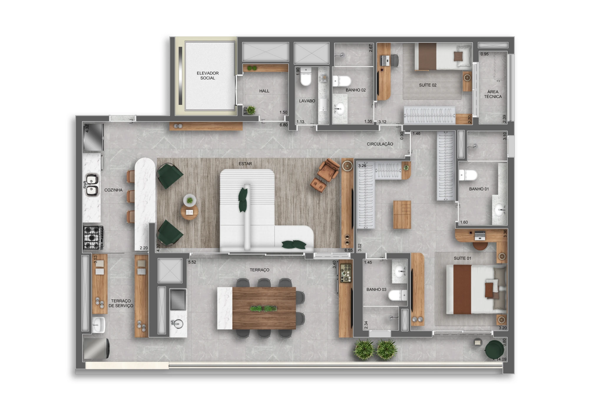140m² | 2 suítes opção ampliada c/ lavabo (Perspectiva artística)