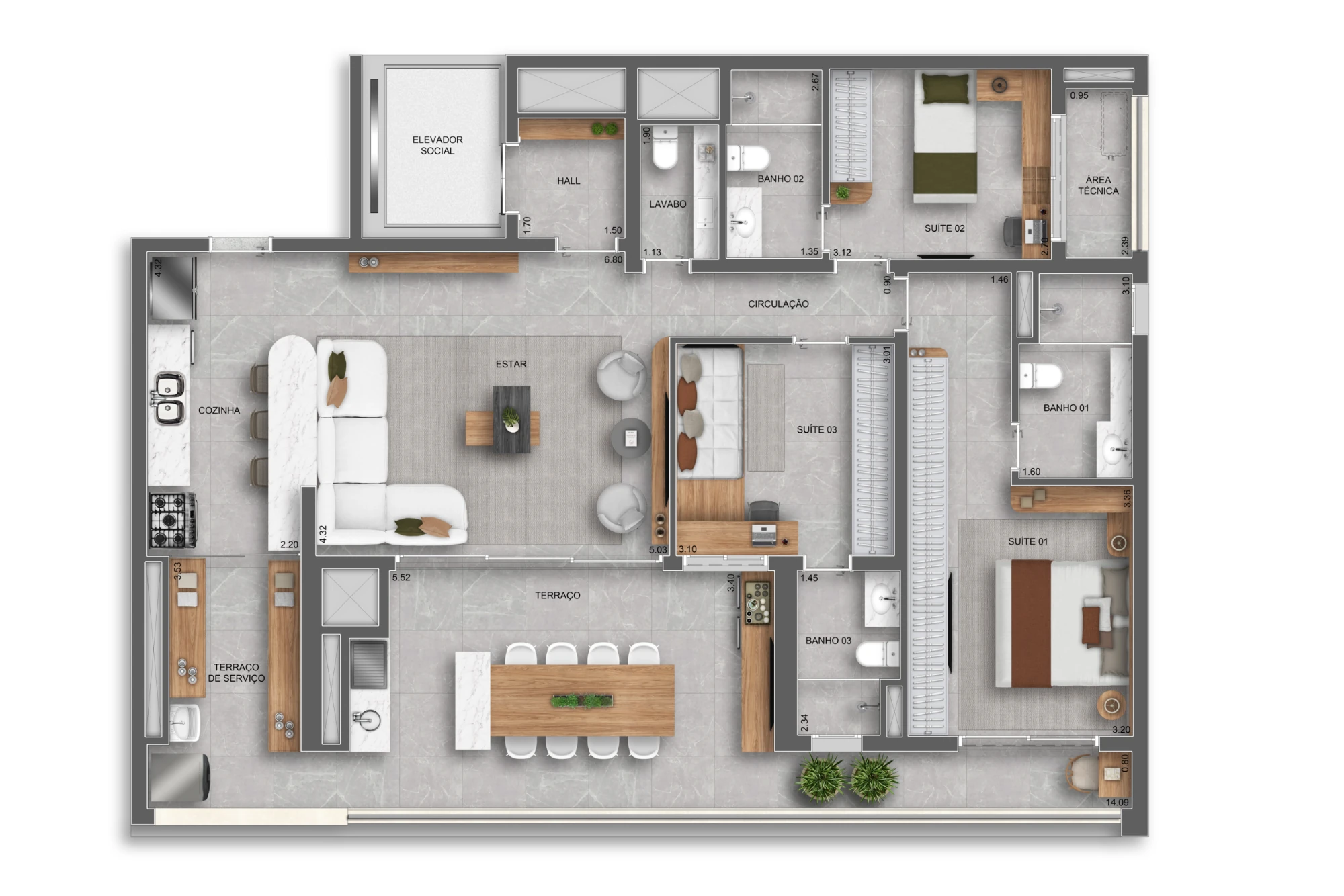 140m² | 3 suítes c/ lavabo (Perspectiva artística)