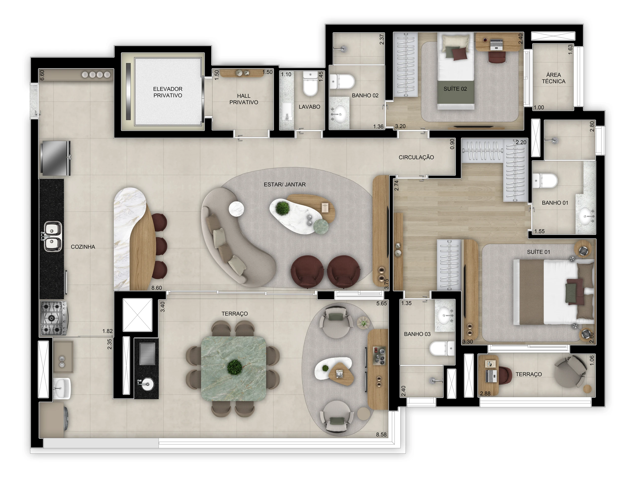 Planta de 2 suítes - Opção ampliada - 128m² - Torre 1 (Perspectiva artística)