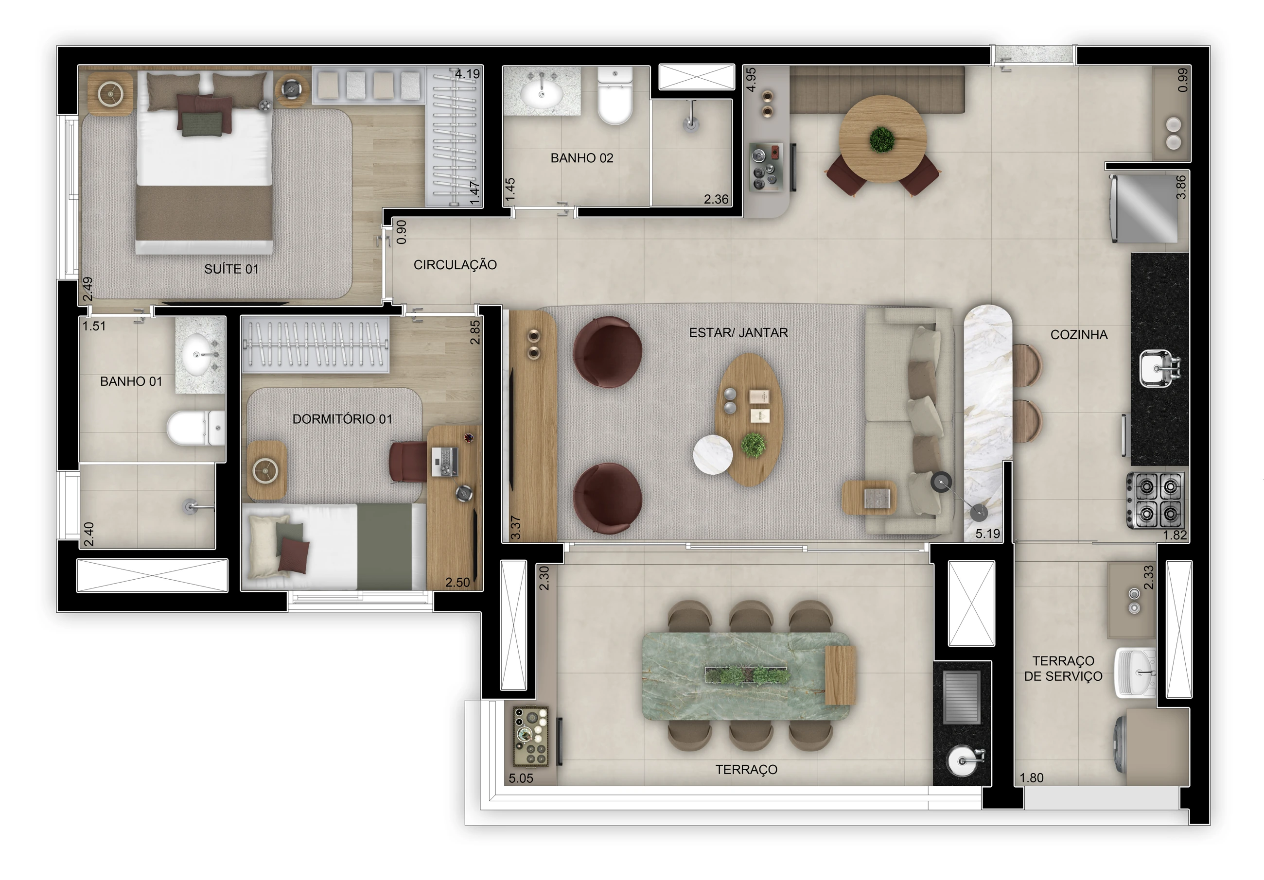 Planta de 3 dorms. (1 suíte) - Opção ampliada - 83m² - Torre 2 (Perspectiva artística)