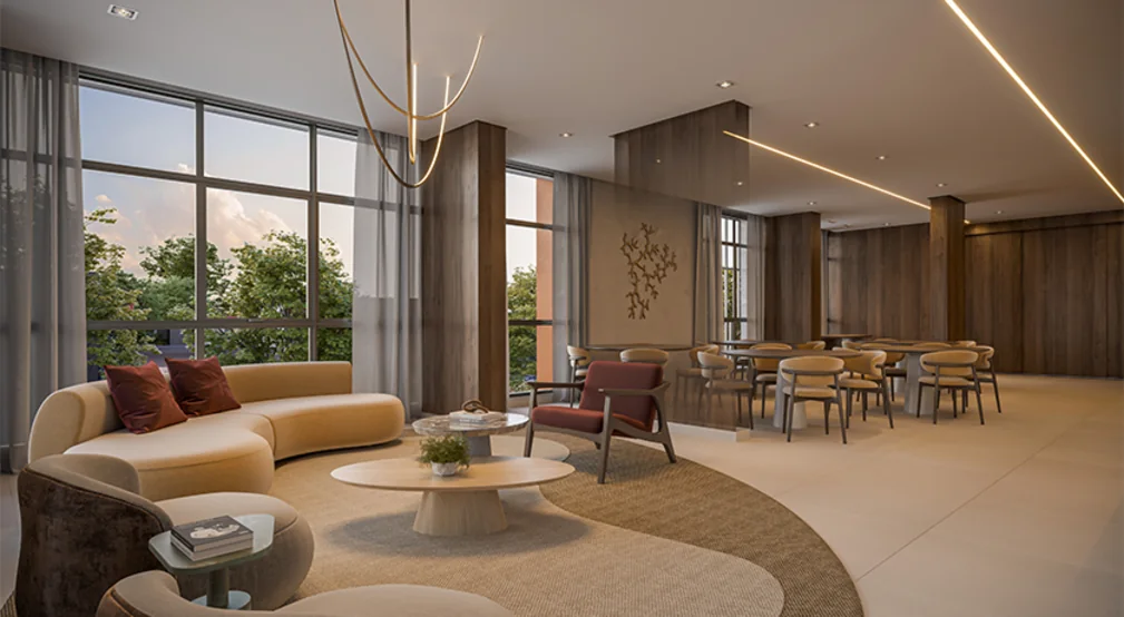 Salão de festas integrado com o espaço gourmet - Torre 1 (Perspectiva artística)