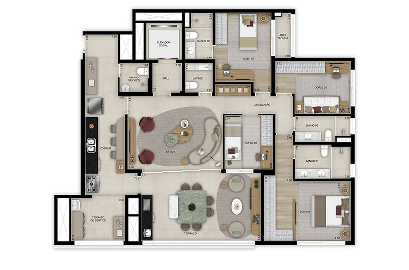 Planta de 4 dorms. (2 suítes) com lavabo - 159m² - Torre 1 (Perspectiva artística)