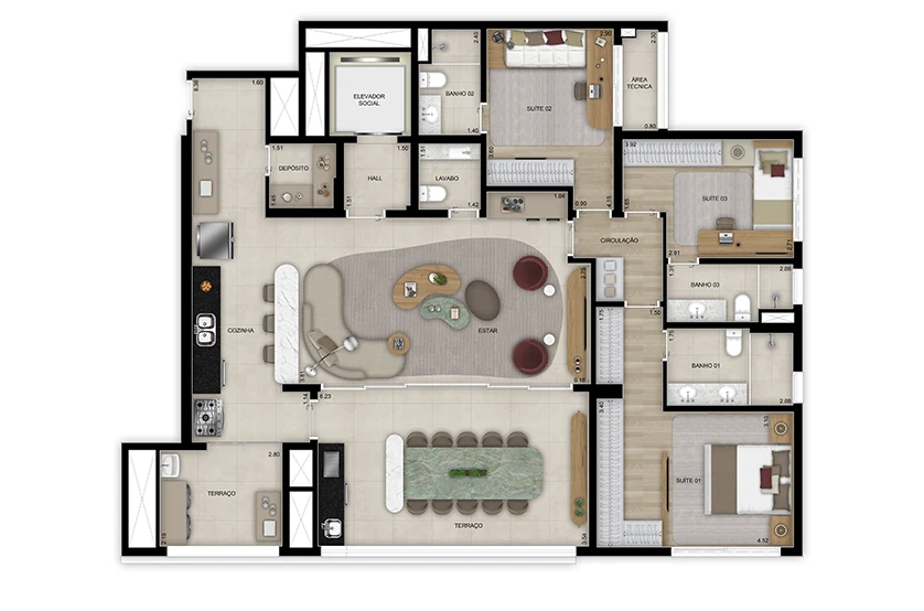 Planta opção ampliada 3 suítes com lavabo - 159m² - Torre 1 (Perspectiva artística)