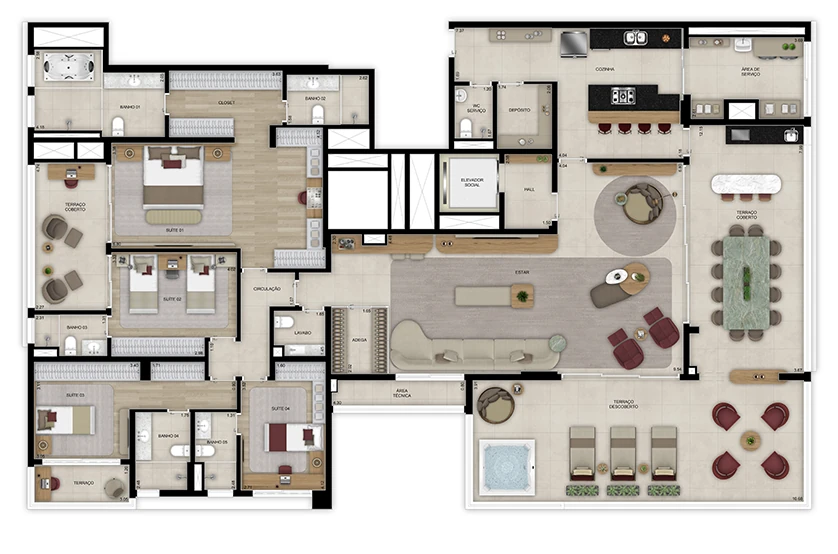 Planta penthouse 4 suítes - 340m² - Torre 1 (Perspectiva artística)