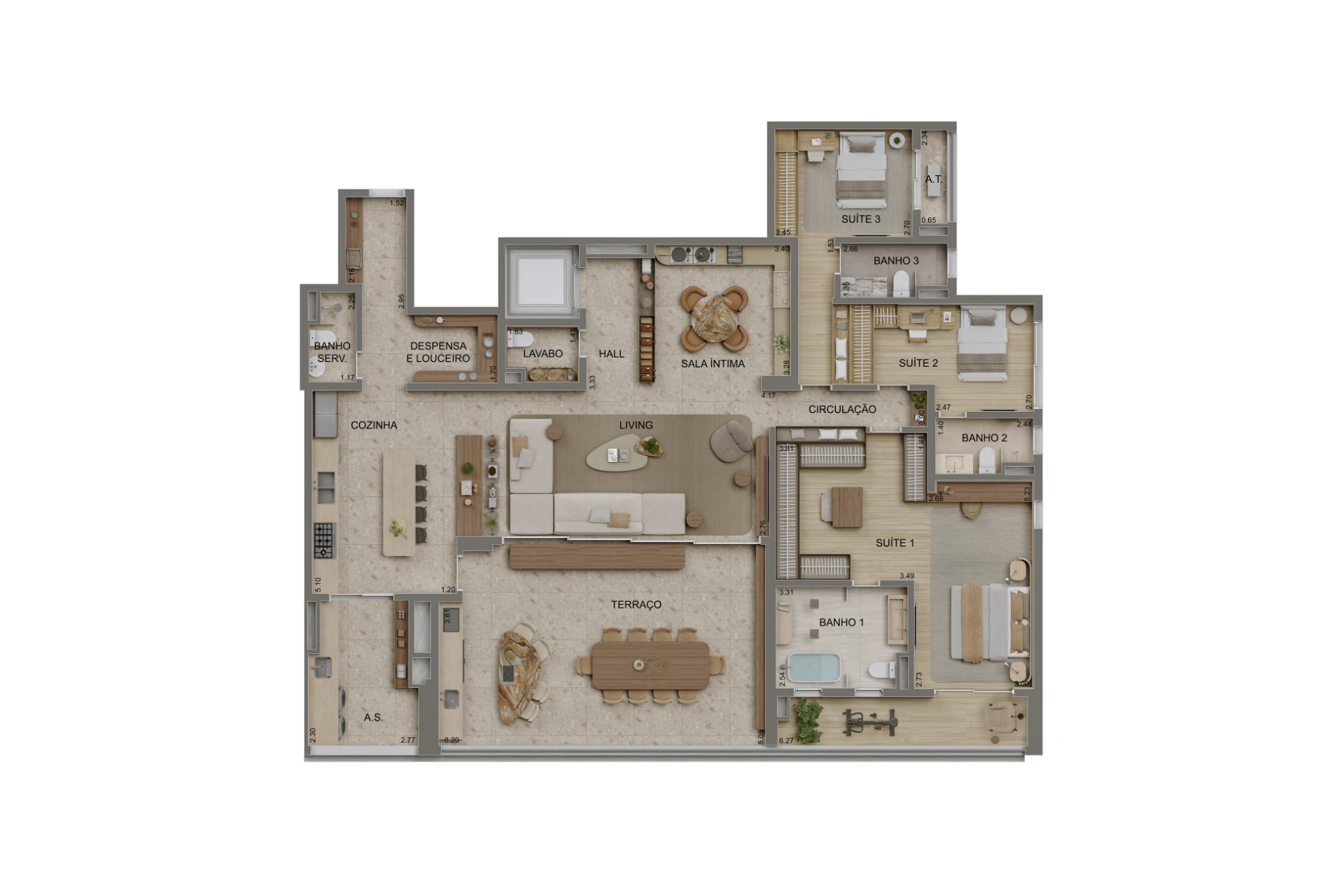 Planta 3 suítes - 243m² - Torre 1 (Perspectiva artística)