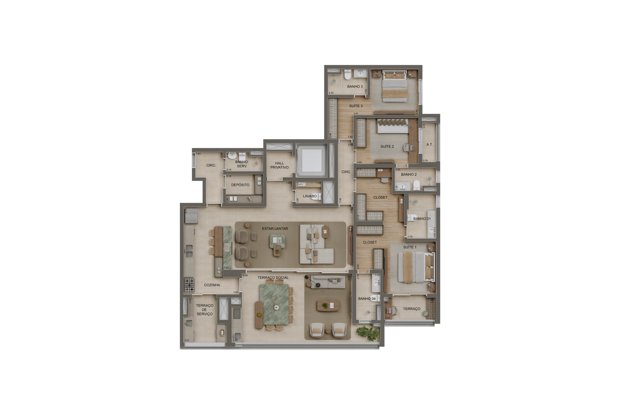 Planta 3 suítes - 191m² - Torre 2 (Perspectiva artística)