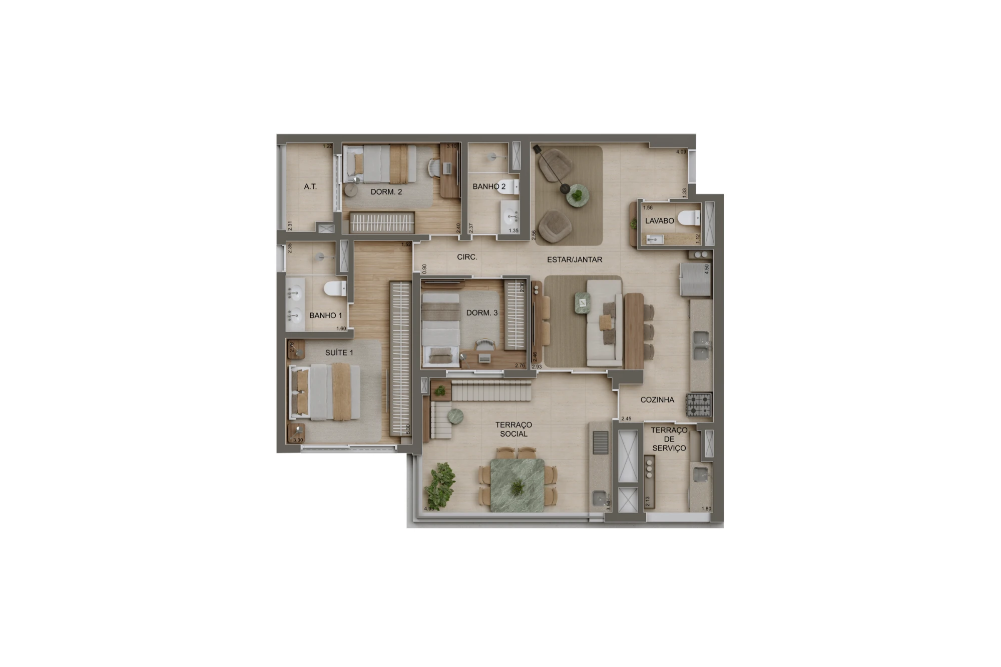 Planta 3 Dorms. (1 suíte) - 106m² - Torre 2 (Perspectiva artística)