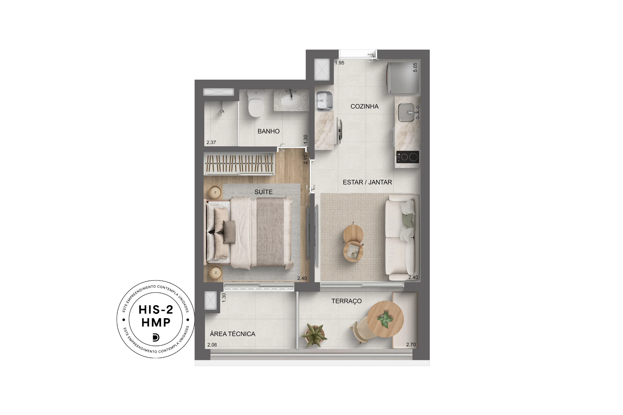33m² | 1 suíte (Perspectiva artísitca)