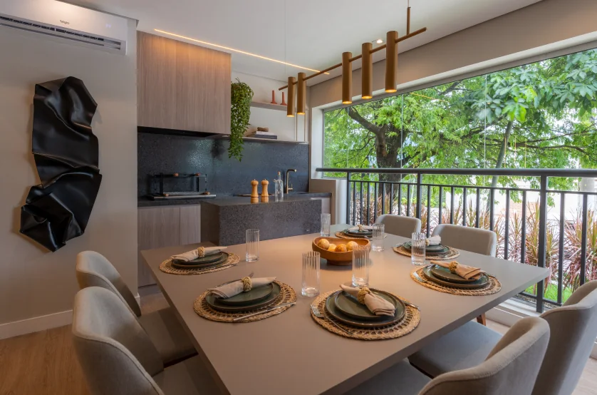 Terraço com churrasqueira a carvão do apto de 3 suítes - 109m² (Foto do decorado)