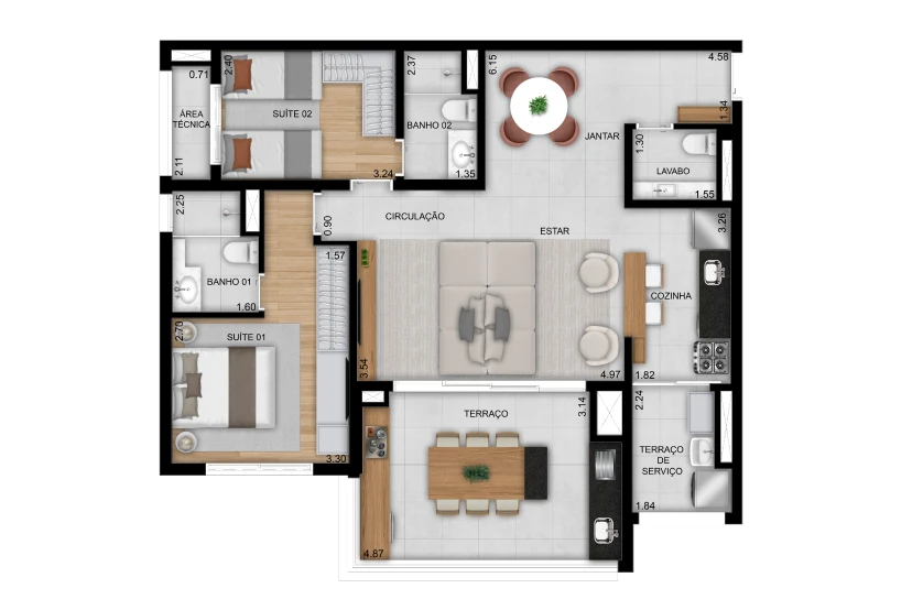 Opção ampliada 2 suítes - 96m² - Final 06 (Perspectiva artística)