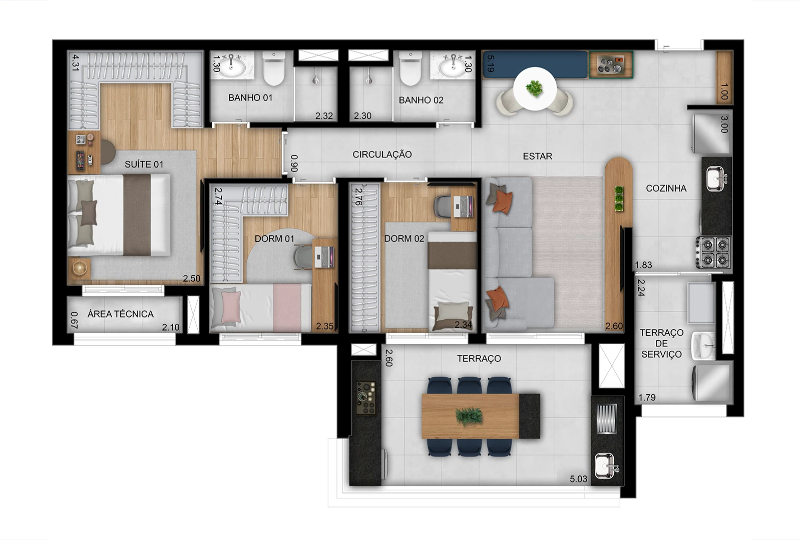 3 dorms. (1 suíte) do apto. de 86m² - Final 10 (Perspectiva artística)