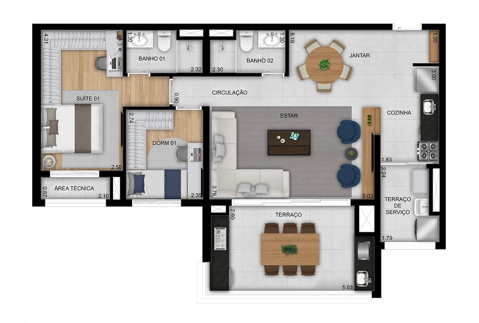 Opção ampliada 2 dorms. (1 suíte) do apto. de 86m² - Final 10 (Perspectiva artística)