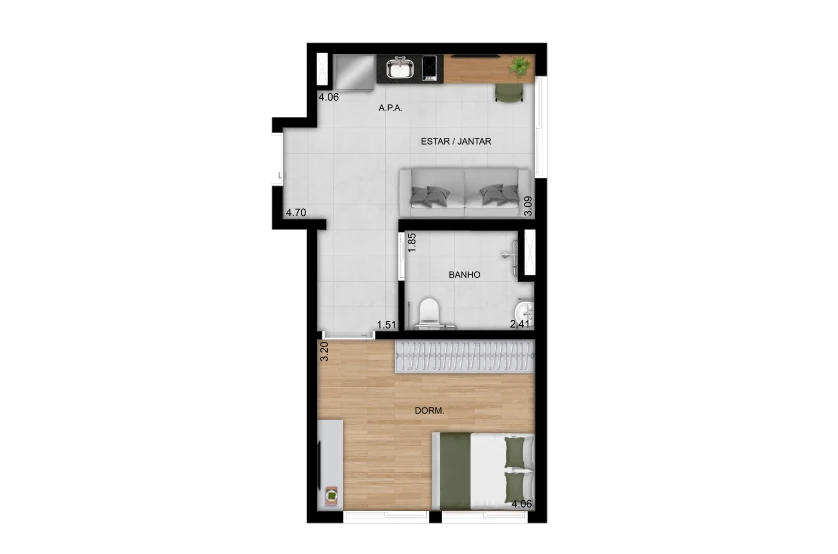 1 dorm. NR - 40m² - Finais 01, 03 e 07 (Perspectiva artística)
