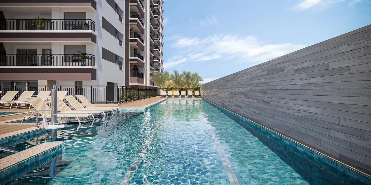 Piscina adulto com raia de 25m e deck molhado (Perspectiva artística)