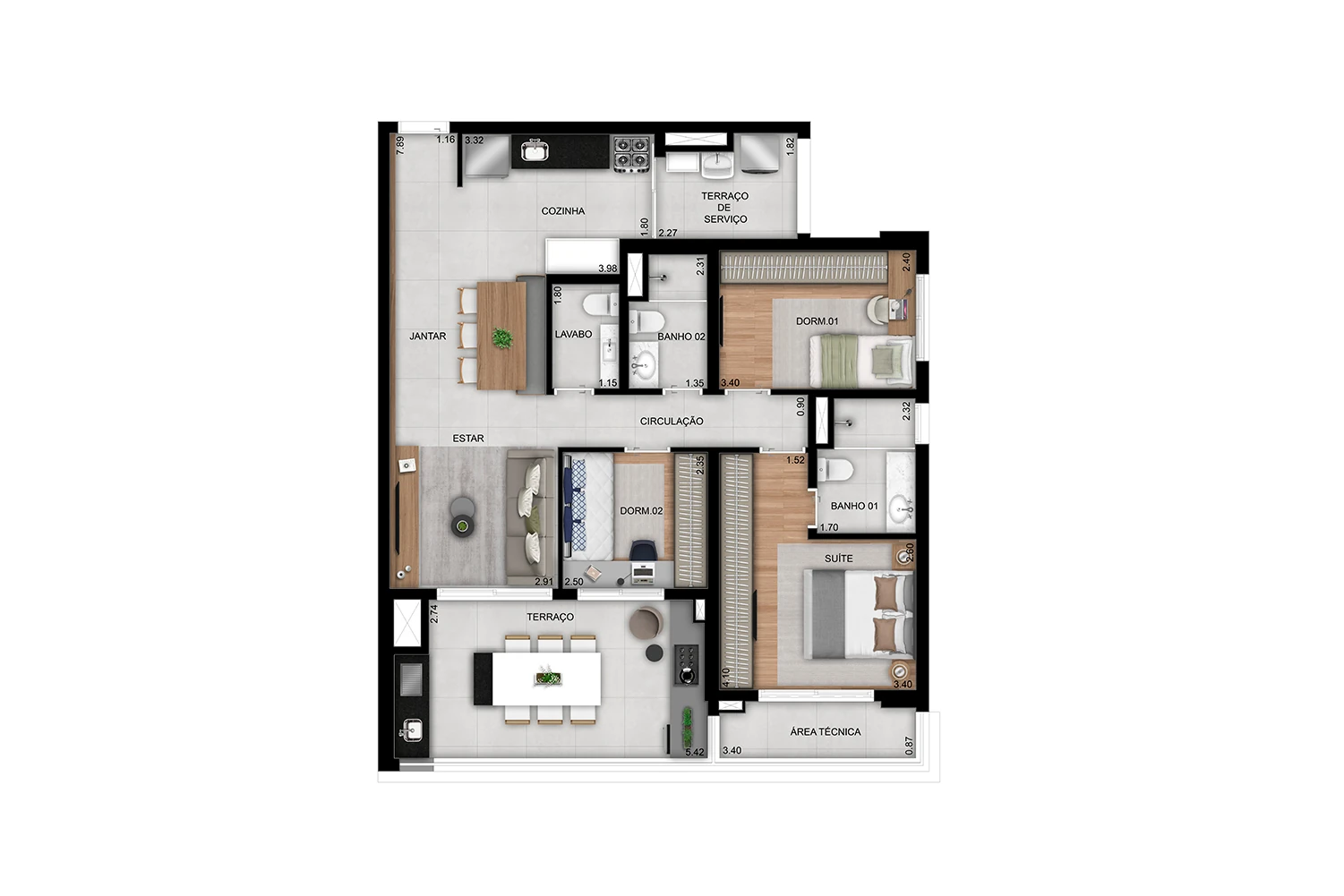 Planta de 3 dorms. (1 suíte) com lavabo - 100m² - Final 10 (Perspectiva artística)